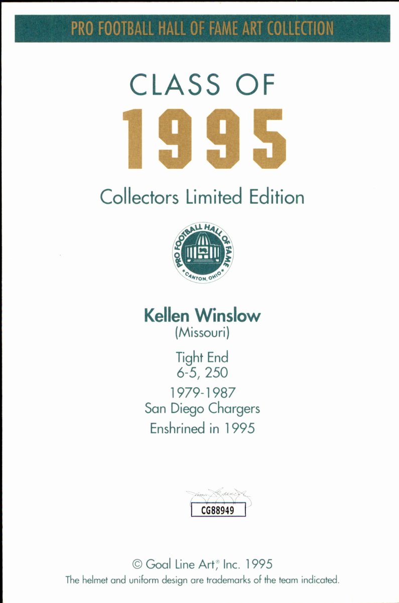 Kellen Winslow Chargers HOF Autographed Goal Line Art GLAC Postcard JSA