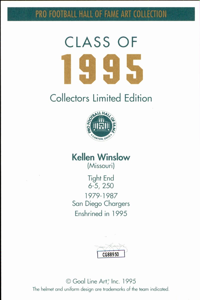 Kellen Winslow Chargers HOF Autographed Goal Line Art GLAC Postcard JSA