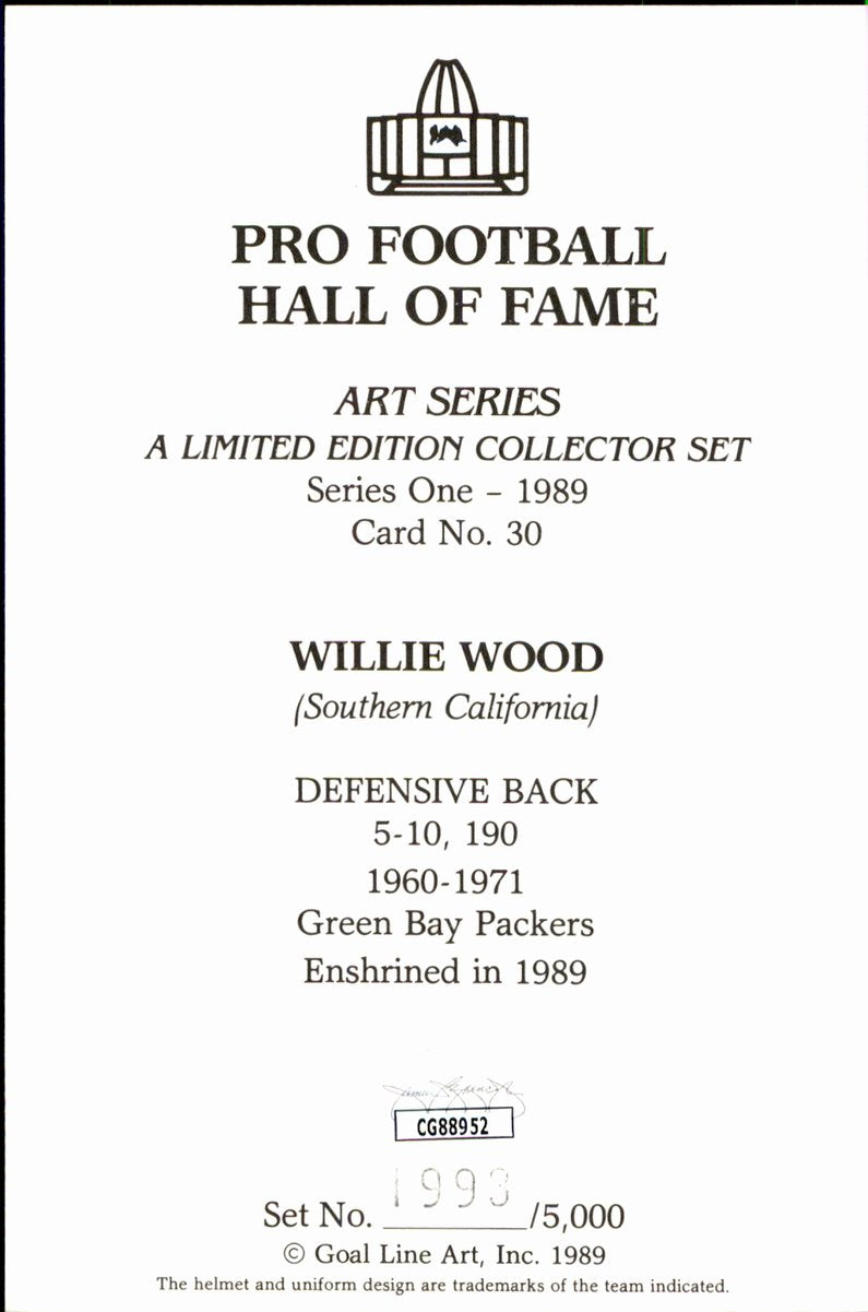 Willie Wood Packers HOF Autographed Goal Line Art GLAC Postcard JSA