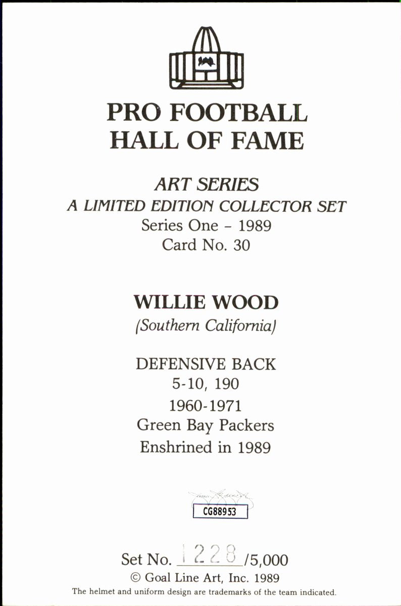 Willie Wood Packers HOF Autographed Goal Line Art GLAC Postcard JSA