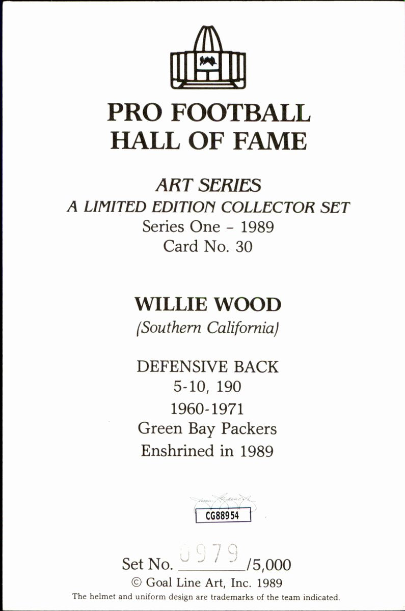 Willie Wood Packers HOF Autographed Goal Line Art GLAC Postcard JSA