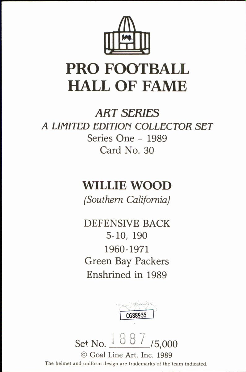 Willie Wood Packers HOF Autographed Goal Line Art GLAC Postcard JSA