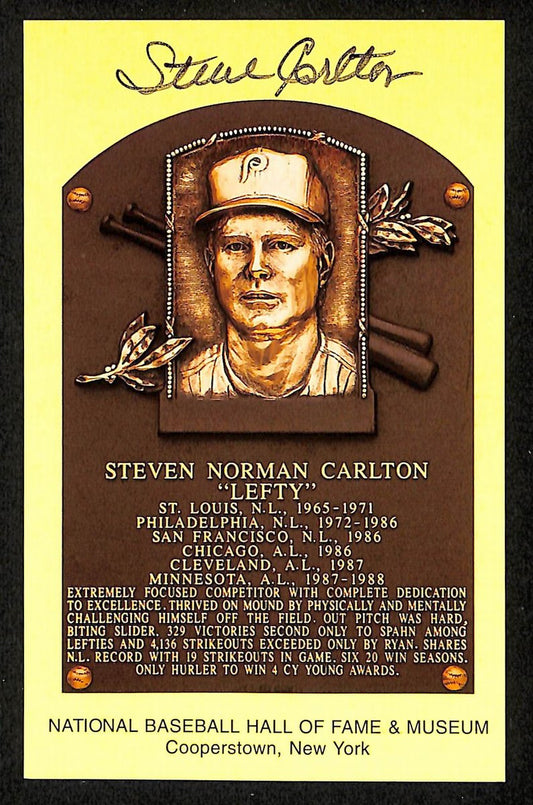 Steve Carlton Signed/Auto Gold HOF Plaque Postcard Philadelphia Phillies 199313