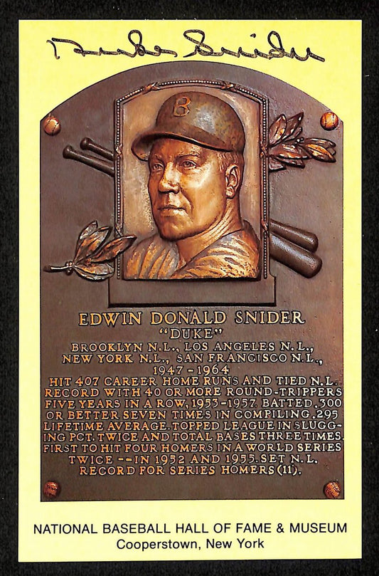 Duke Snider Signed/Auto Gold HOF Plaque Postcard Brooklyn Dodgers 199315