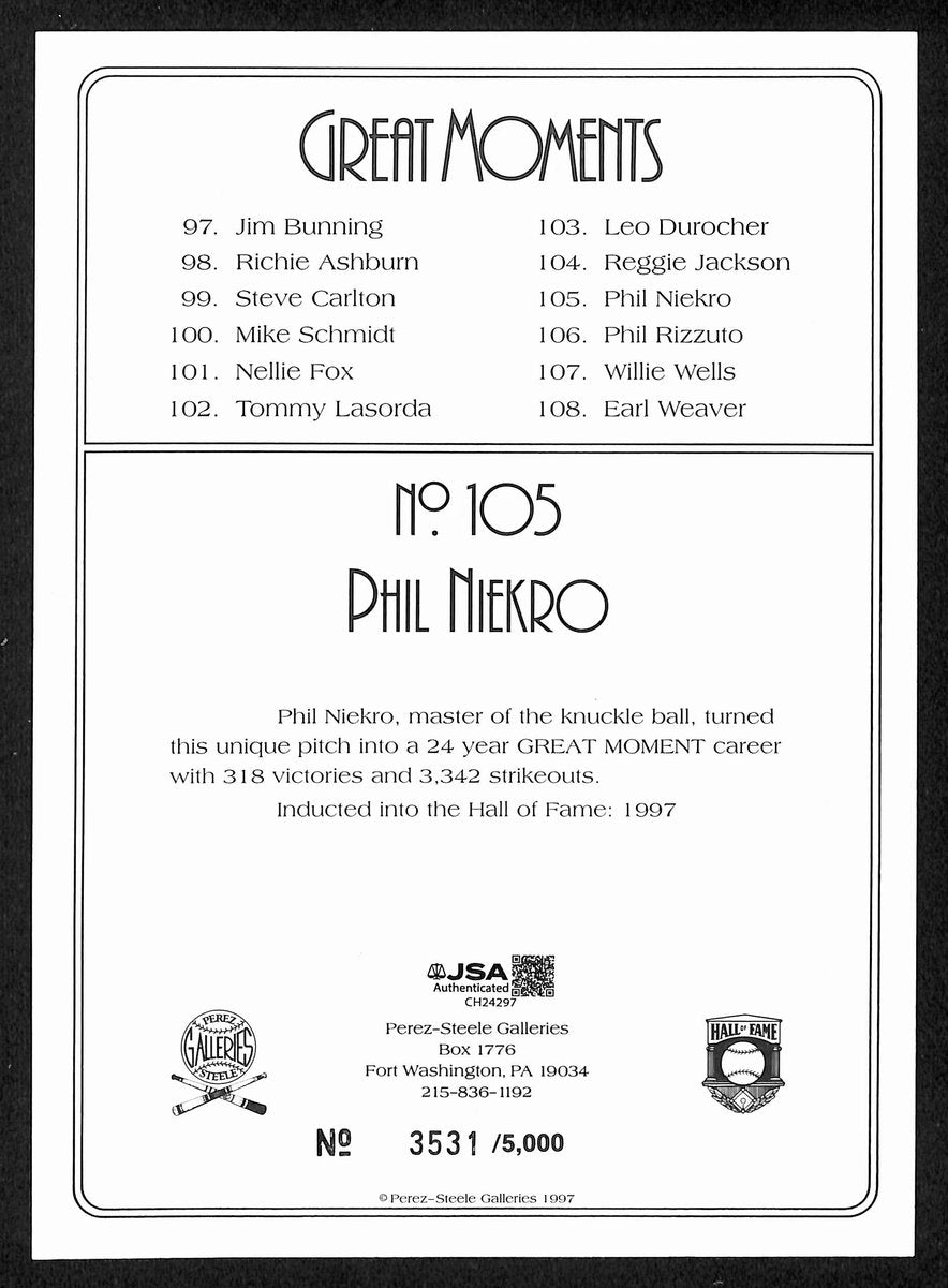 Phil Niekro Signed 1997 Perez Steele Great Moments No. 105 Braves JSA 199324