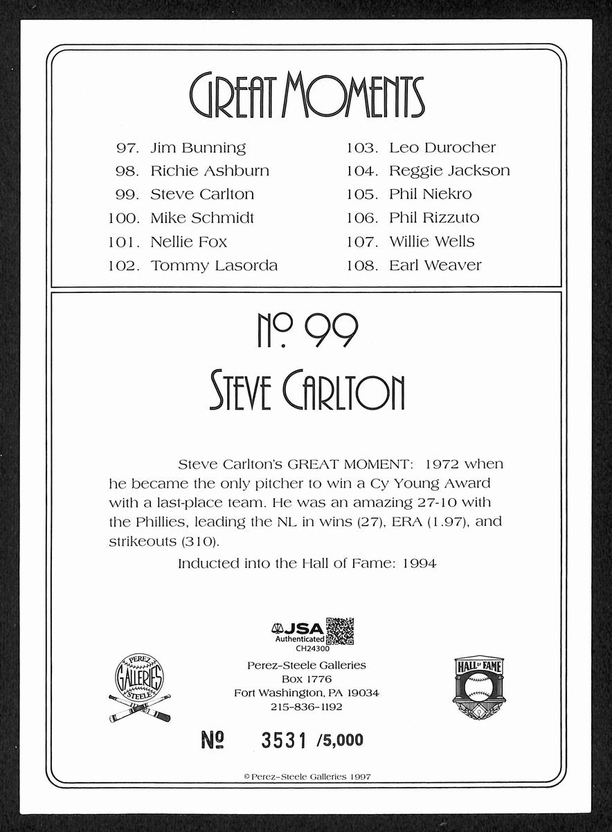 Steve Carlton Signed 1997 Perez Steele Great Moments No. 99 Phillies JSA 199327