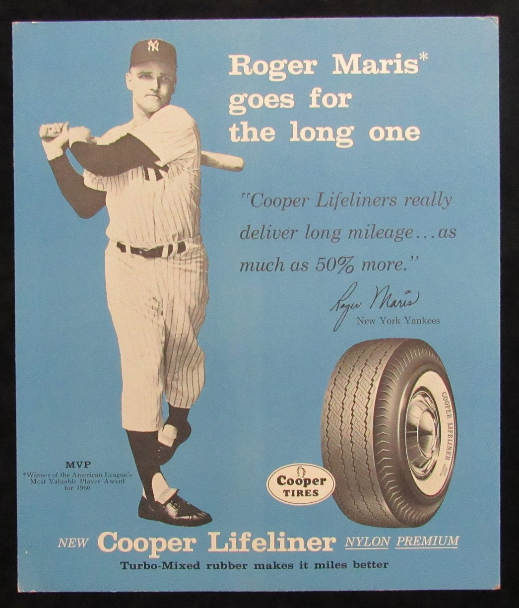 Roger Maris Advertisement Display 17x20 Poster Cooper Tires 1960s Yankees 198596