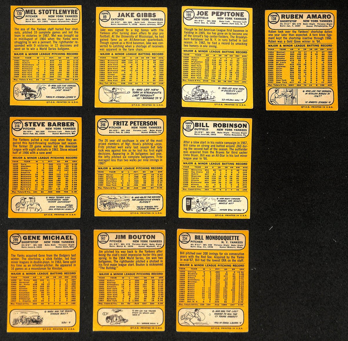 Lot of (10) Miscellaneous UNSIGNED 1968 TOPPS New York Yankees Cards 199425