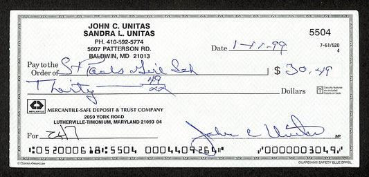 Johnny Unitas HOF Signed/Autographed 1999 Bank Check Baltimore Colts JSA 199035