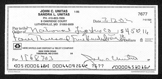 Johnny Unitas HOF Signed/Autographed 2002 Bank Check Baltimore Colts JSA 199036