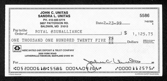 Johnny Unitas HOF Signed/Autographed 1999 Bank Check Baltimore Colts JSA 199037