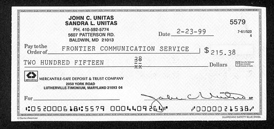 Johnny Unitas HOF Signed/Autographed 1999 Bank Check Baltimore Colts JSA 199038