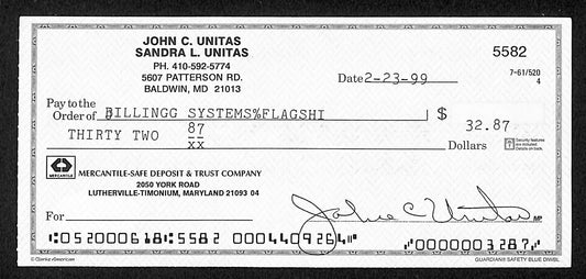 Johnny Unitas HOF Signed/Autographed 1999 Bank Check Baltimore Colts JSA 199039