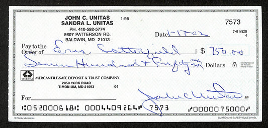 Johnny Unitas HOF Signed/Autographed 2002 Bank Check Baltimore Colts JSA 199041