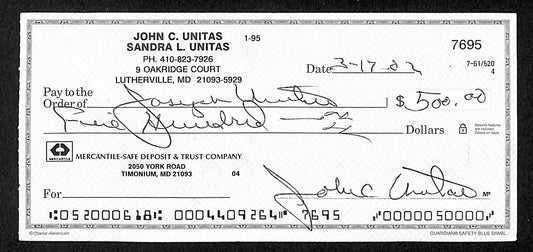Johnny Unitas HOF Signed/Autographed 2002 Bank Check Baltimore Colts JSA 199042