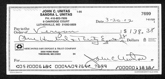Johnny Unitas HOF Signed/Autographed 2002 Bank Check Baltimore Colts JSA 199043