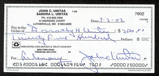 Johnny Unitas HOF Signed/Autographed 2002 Bank Check Baltimore Colts JSA 199045