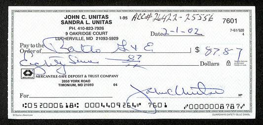 Johnny Unitas HOF Signed/Autographed 2002 Bank Check Baltimore Colts JSA 199046