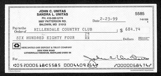 Johnny Unitas HOF Signed/Autographed 1999 Bank Check Baltimore Colts JSA 199048