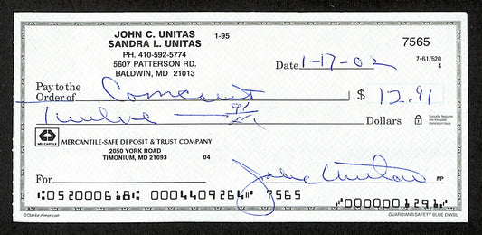 Johnny Unitas HOF Signed/Autographed 2002 Bank Check Baltimore Colts JSA 199049