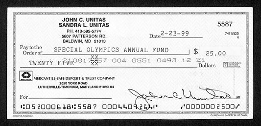 Johnny Unitas HOF Signed/Autographed 1999 Bank Check Baltimore Colts JSA 199050