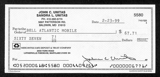 Johnny Unitas HOF Signed/Autographed 1999 Bank Check Baltimore Colts JSA 199051