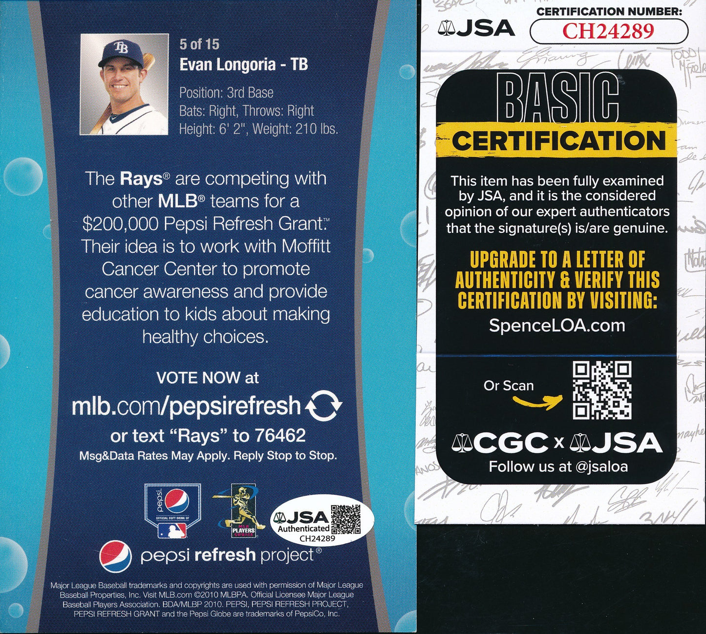 Evan Longoria Signed/Auto 2010 Pepsi Promo 4x6 Card #5/15 Rays JSA 199322