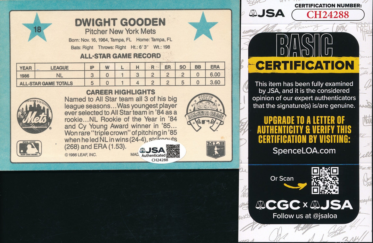 Dwight Gooden Signed/Auto 1987 Donruss Jumbo All-Star Card #18 Mets JSA 199321