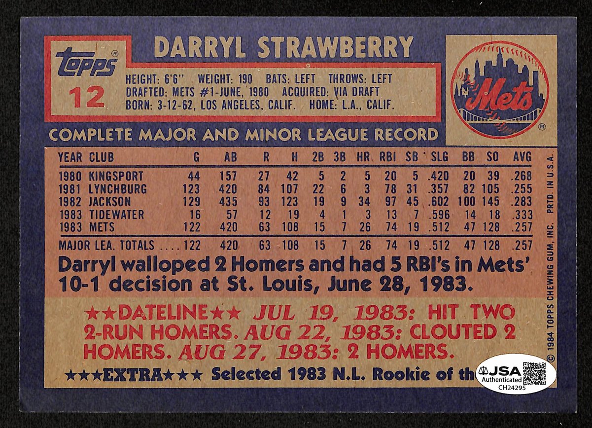 Darryl Strawberry Signed/Auto 1984 Topps 5x7 Super RC Card #12 Mets JSA 199386