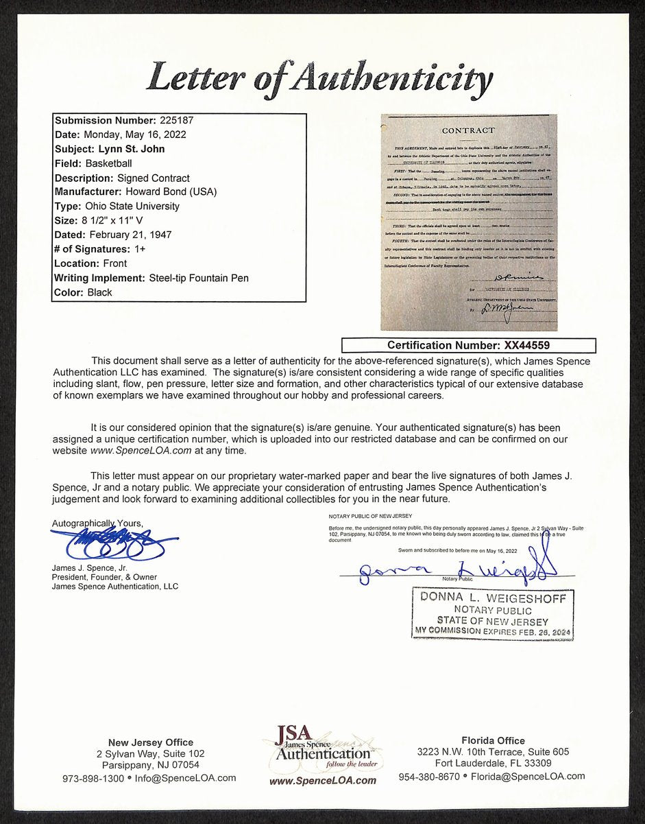 Lynn St. John HOF/Mills Dual Signed 1947 Contract Ohio State Illinois JSA 198955