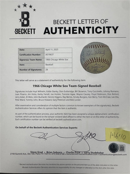 1966 Chicago White Sox Team Signed Baseball (28 Signatures) BAS/Beckett 200508