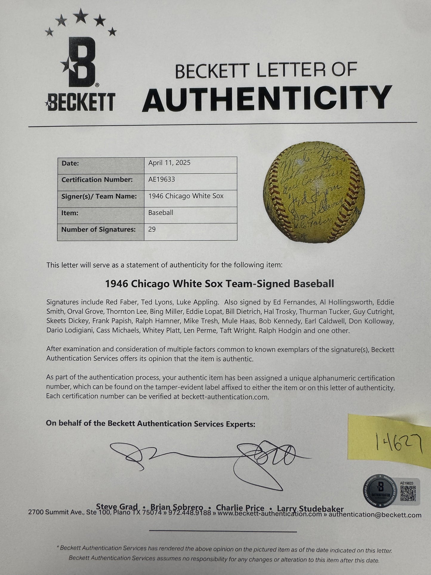 1946 Chicago White Sox Team Signed Baseball (28 Signatures) BAS/Beckett 200509