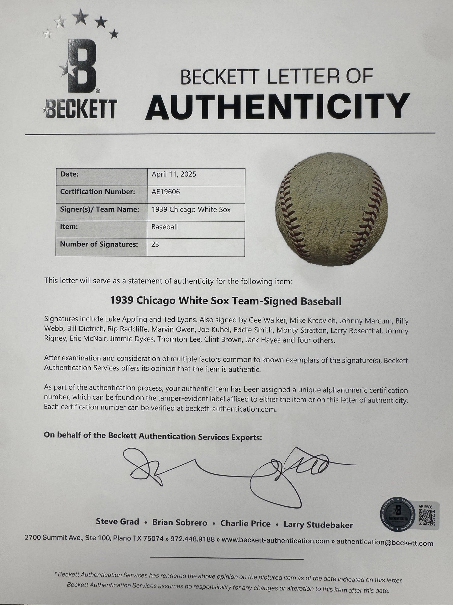 1939 Chicago White Sox Team Signed Baseball (23 Signatures) BAS/Beckett 200510