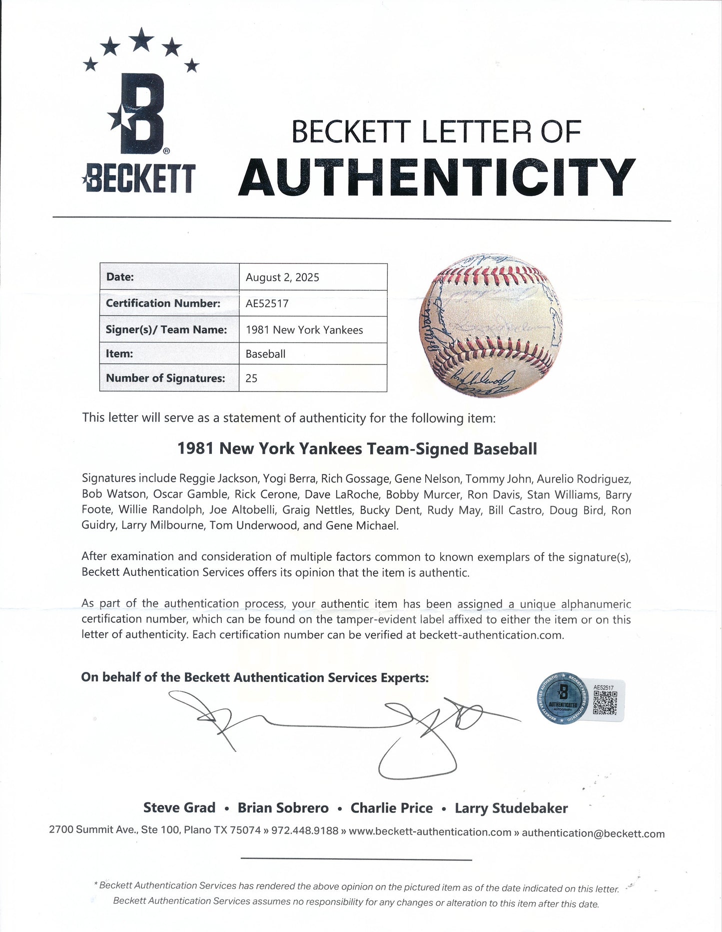 1981 New York Yankees Team Signed Baseball (25 Signatures) BAS/Beckett 200512