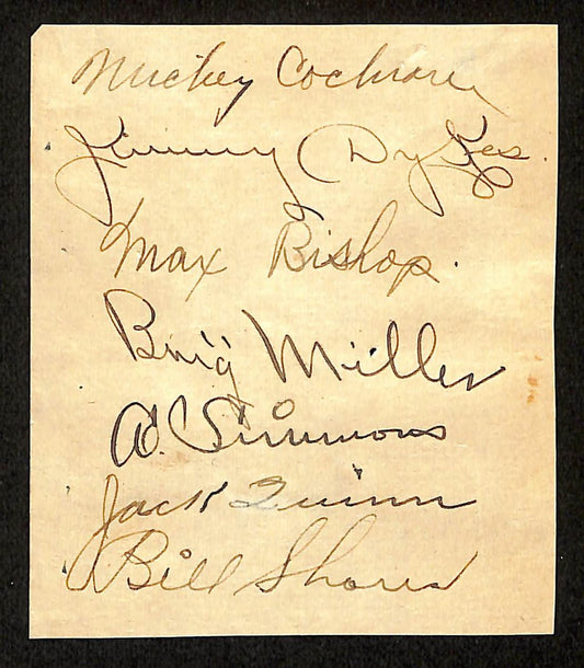 1929 Philadelphia Athletics Multi-Signed Cut (7) Simmons Cochrane HOF BAS 199693