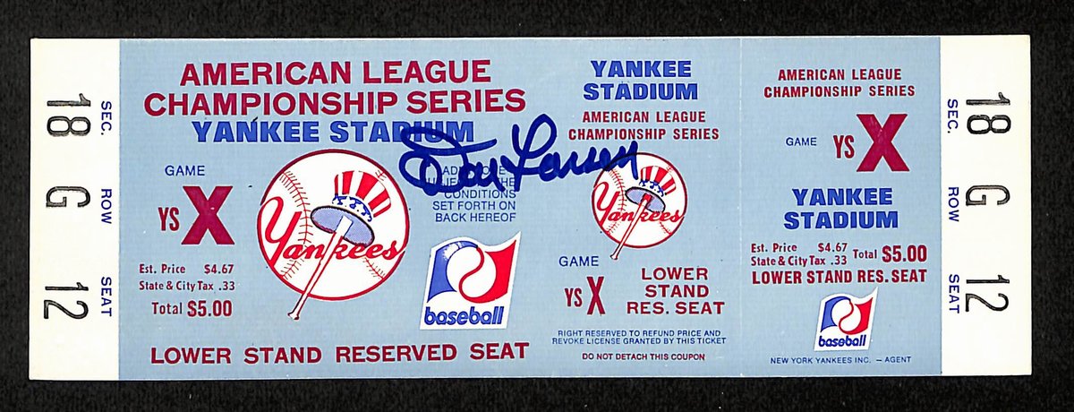 Don Larsen Signed/Autographed 1972 ALCS Phantom Full Ticket Yankees 194147