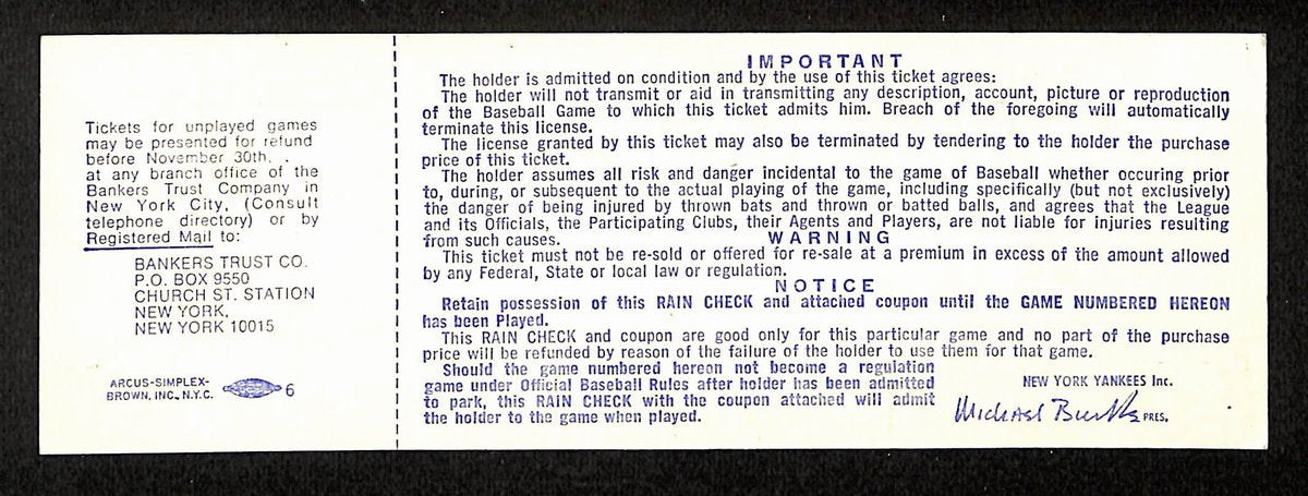 Don Larsen Signed/Autographed 1972 ALCS Phantom Full Ticket Yankees 194147