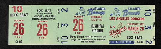 1981 Los Angeles Dodgers vs. Atlanta Braves Spring Training Full Ticket 194162
