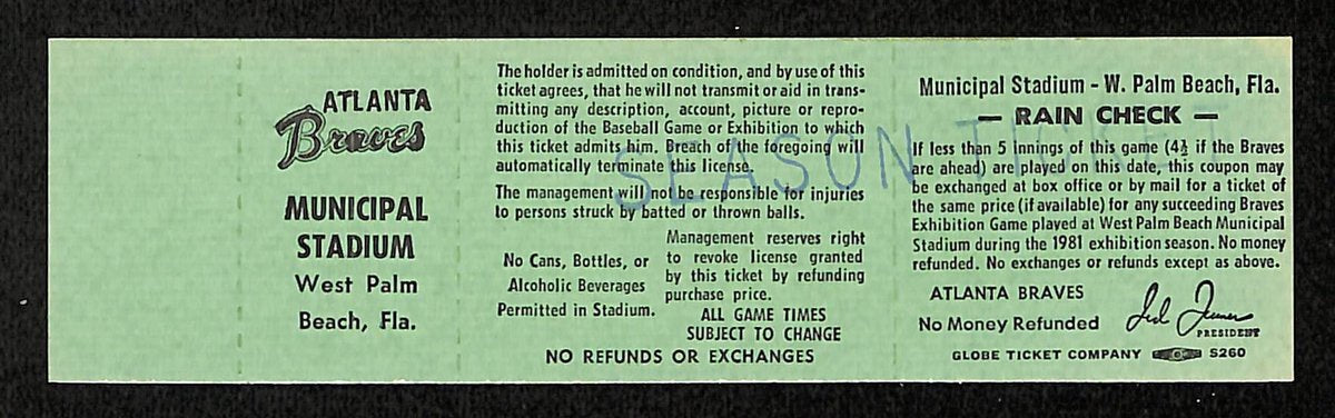 1981 Los Angeles Dodgers vs. Atlanta Braves Spring Training Full Ticket 194162