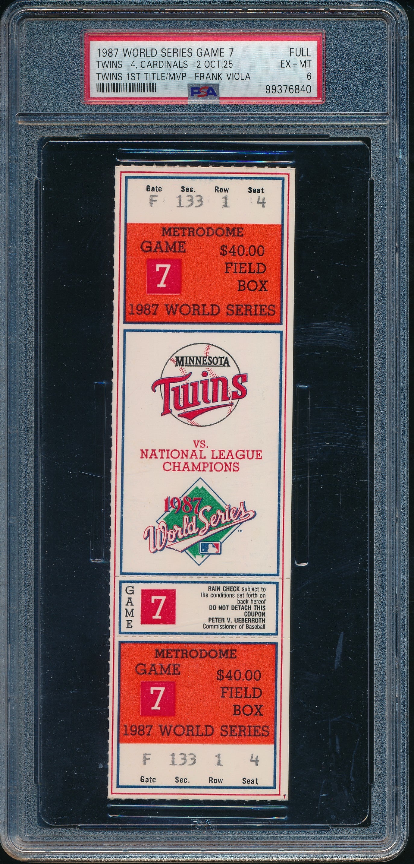 1987 World Series Game 7 Cardinals vs. Twins Full Ticket PSA/DNA EX-MT 6 199082