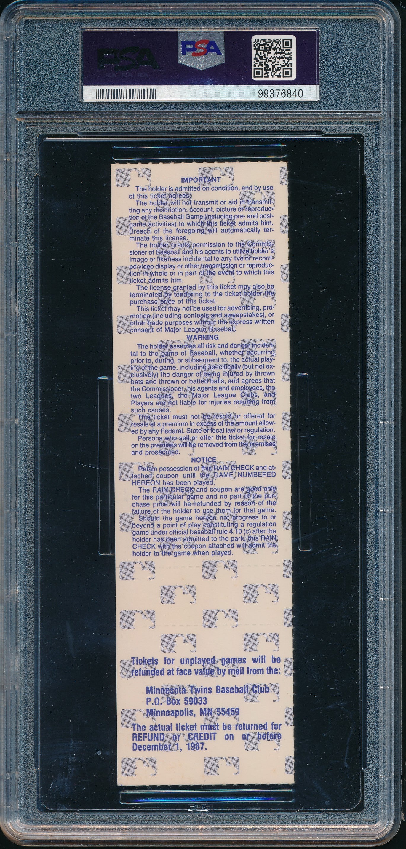 1987 World Series Game 7 Cardinals vs. Twins Full Ticket PSA/DNA EX-MT 6 199082
