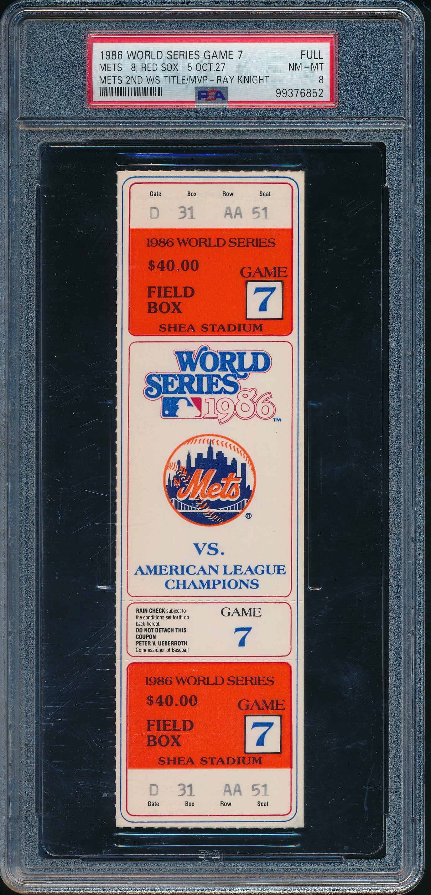 1986 World Series Game 7 Full Ticket Mets vs. Red Sox PSA NM-MT 8 199083