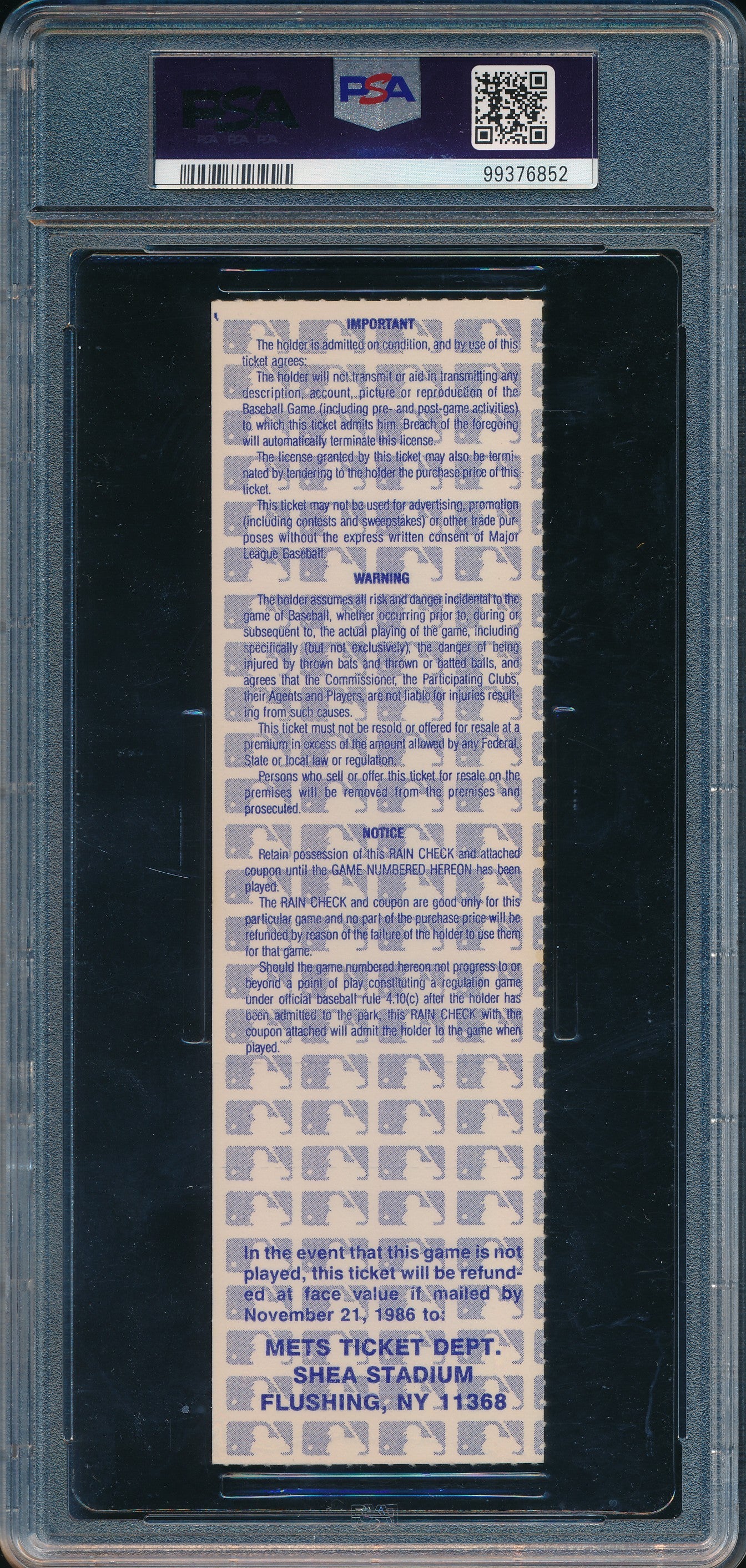 1986 World Series Game 7 Full Ticket Mets vs. Red Sox PSA NM-MT 8 199083