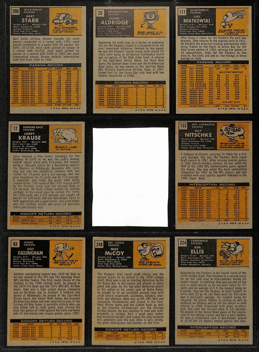 1971 TOPPS Football Cards Green Bay Packers Complete Team Set (10) 200322