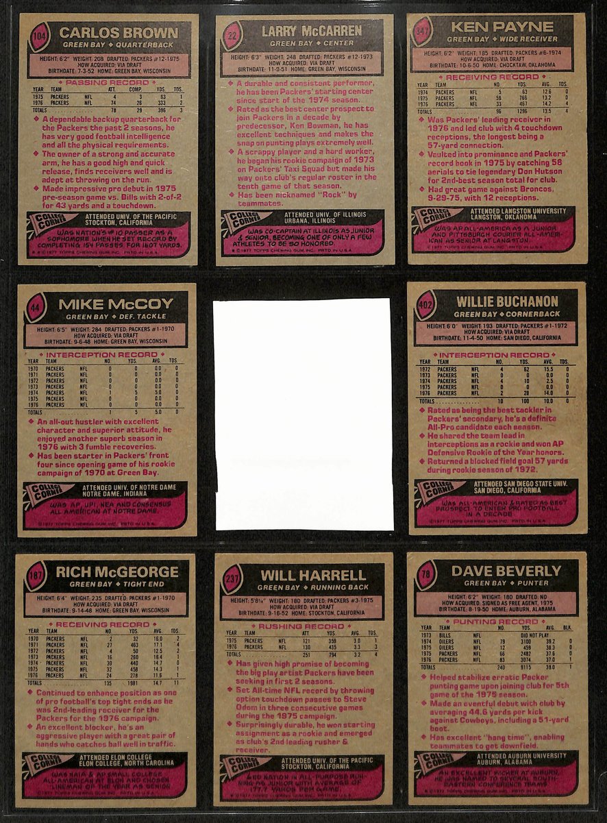 1977 TOPPS Football Cards Green Bay Packers Complete Team Set (18) 200328
