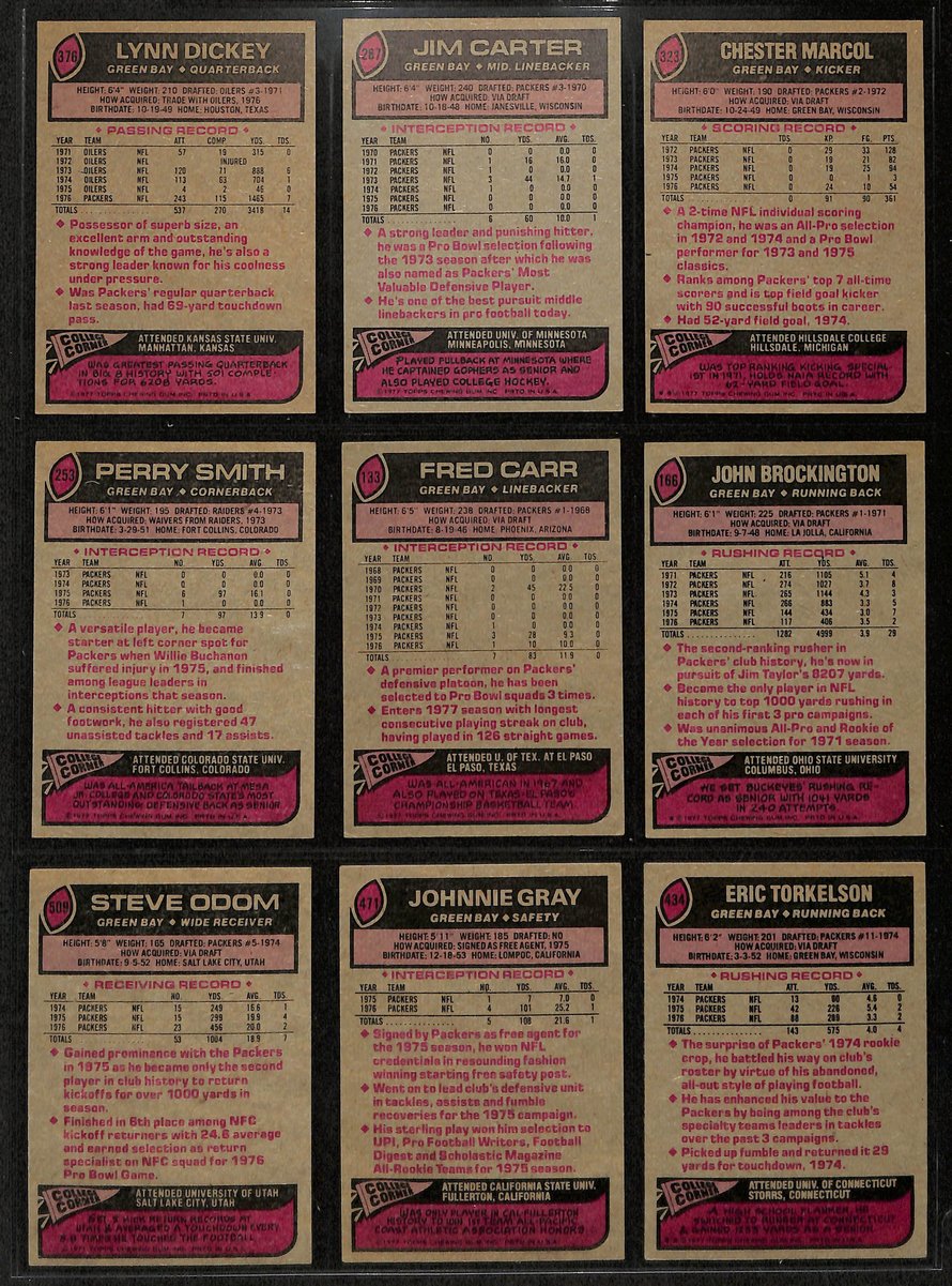 1977 TOPPS Football Cards Green Bay Packers Complete Team Set (18) 200328