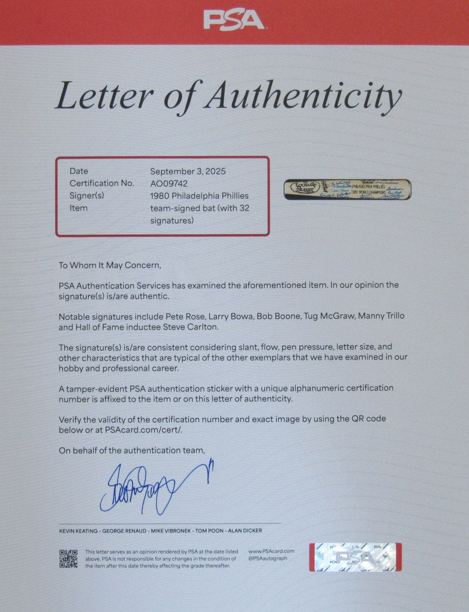 1980 World Series Champs Phillies Bat Signed by 32 Rose McGraw PSA/DNA 200767