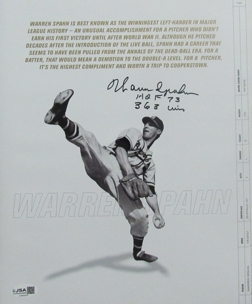 Warren Spahn HOF Signed/Inscribed 10x12 Book Photo Braves JSA 200119
