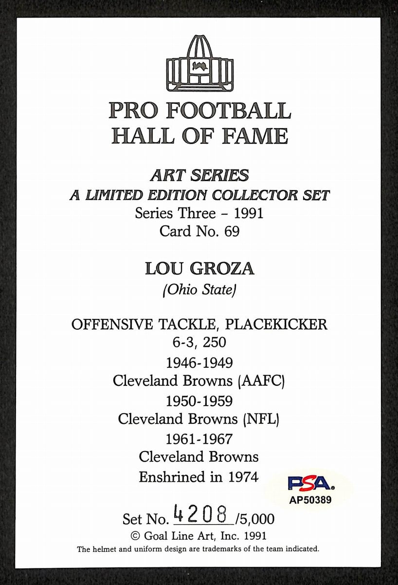 Lou Groza Signed/Inscr 1991 GLAC/Goal Line Art Postcard Browns PSA/DNA 200336