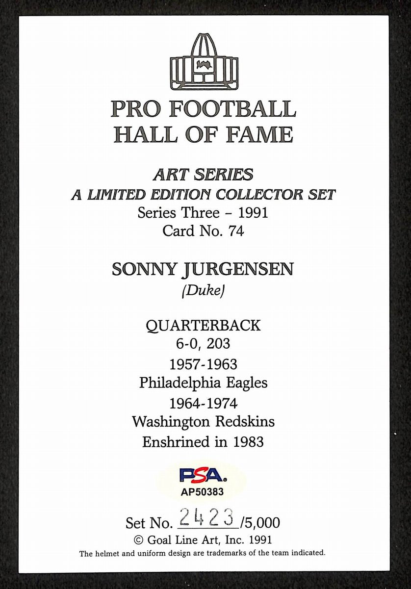 Sonny Jurgensen Signed/Inscr 1991 GLAC/Goal Line Art Postcard Redskins PSA/DNA